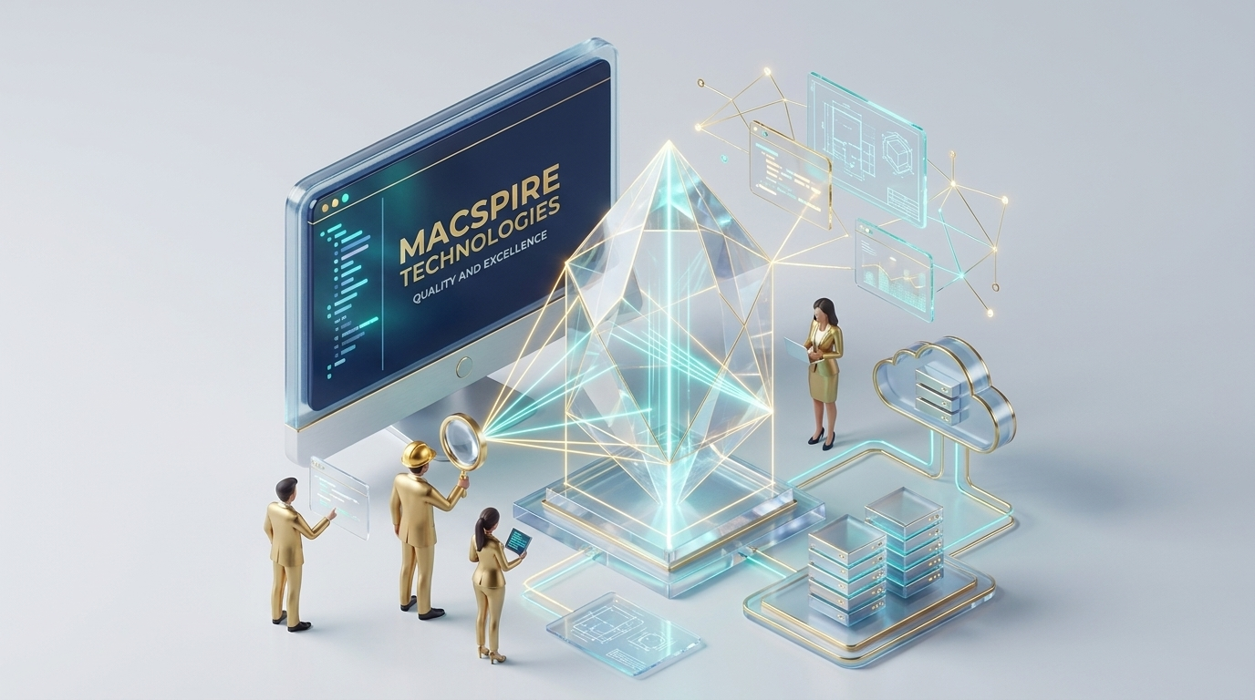 Isometric custom software development platform with developers, cloud infrastructure, API panels, and product analytics